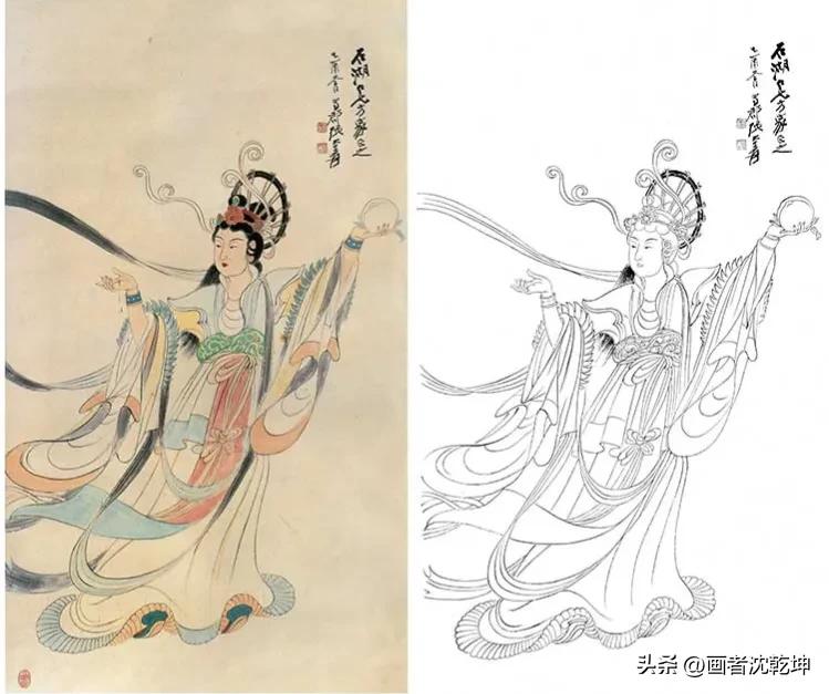 张大千临摹敦煌壁画白描稿,张大千工笔人物头部白描