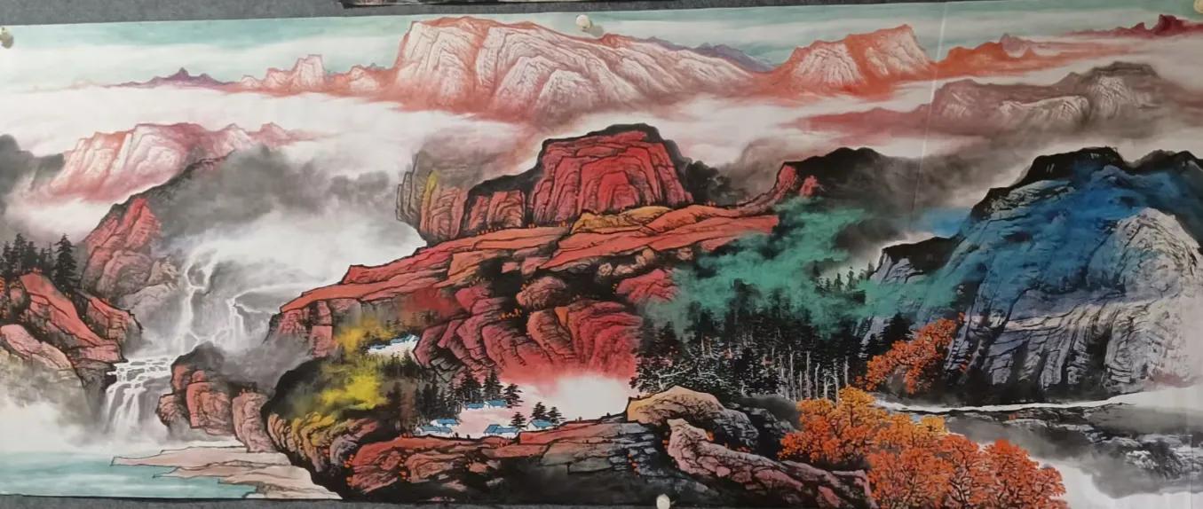 办公室山水画背景墙挂画流水生财,鸿运当头山水画背景墙办公室