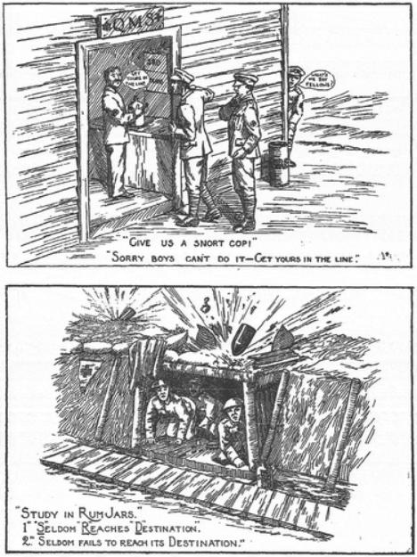 论统治卡通讽刺作为战壕文化叙事，如何描述士兵的抱怨和忍耐？