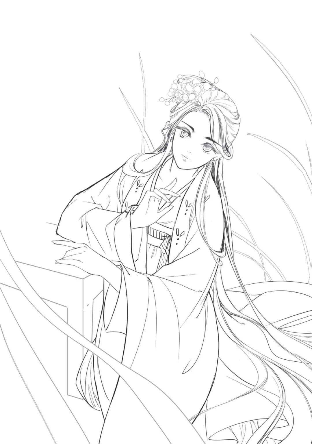 手绘山海经古风人物线稿,手绘动漫古风女生线稿简单