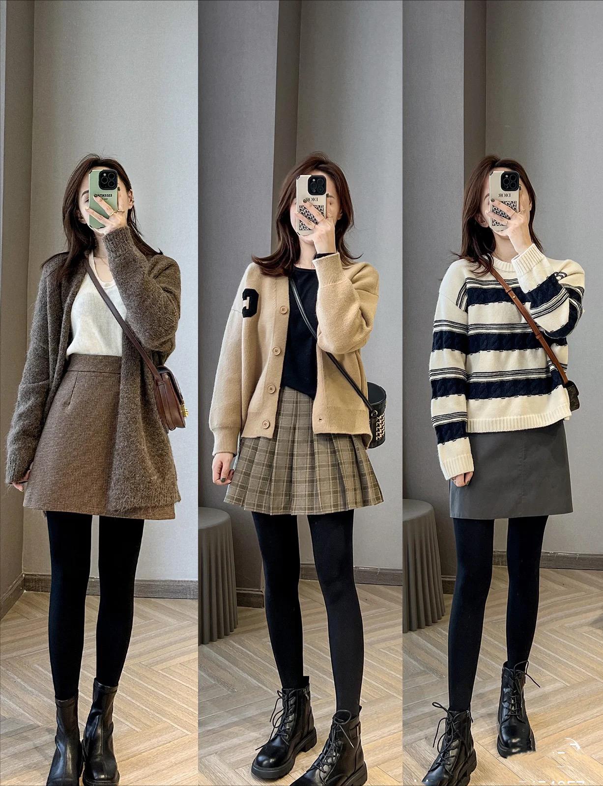 毛衣裤子这样穿时髦又保暖,冬天毛衣棉服搭配打底裤