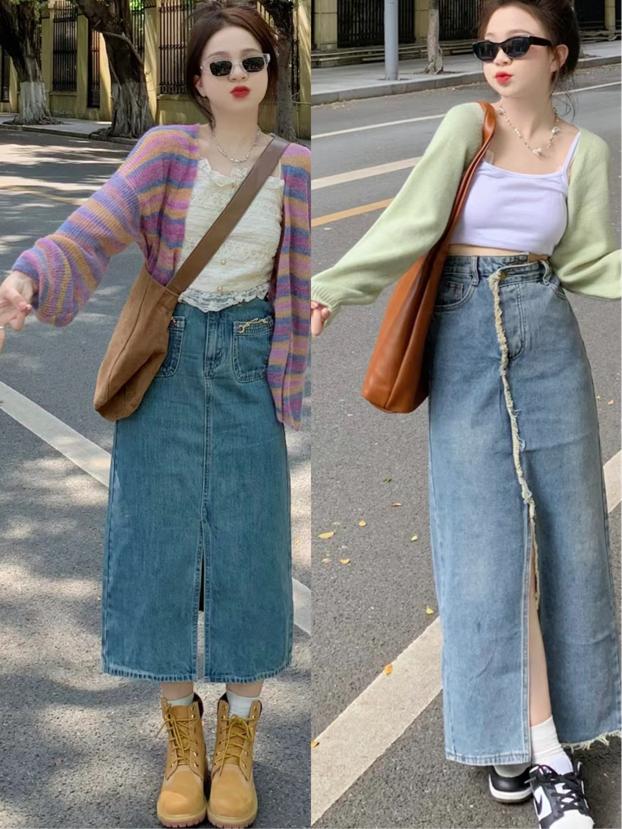 上衣女胖mm显瘦遮肉搭配牛仔裙,初春裙子厚一点