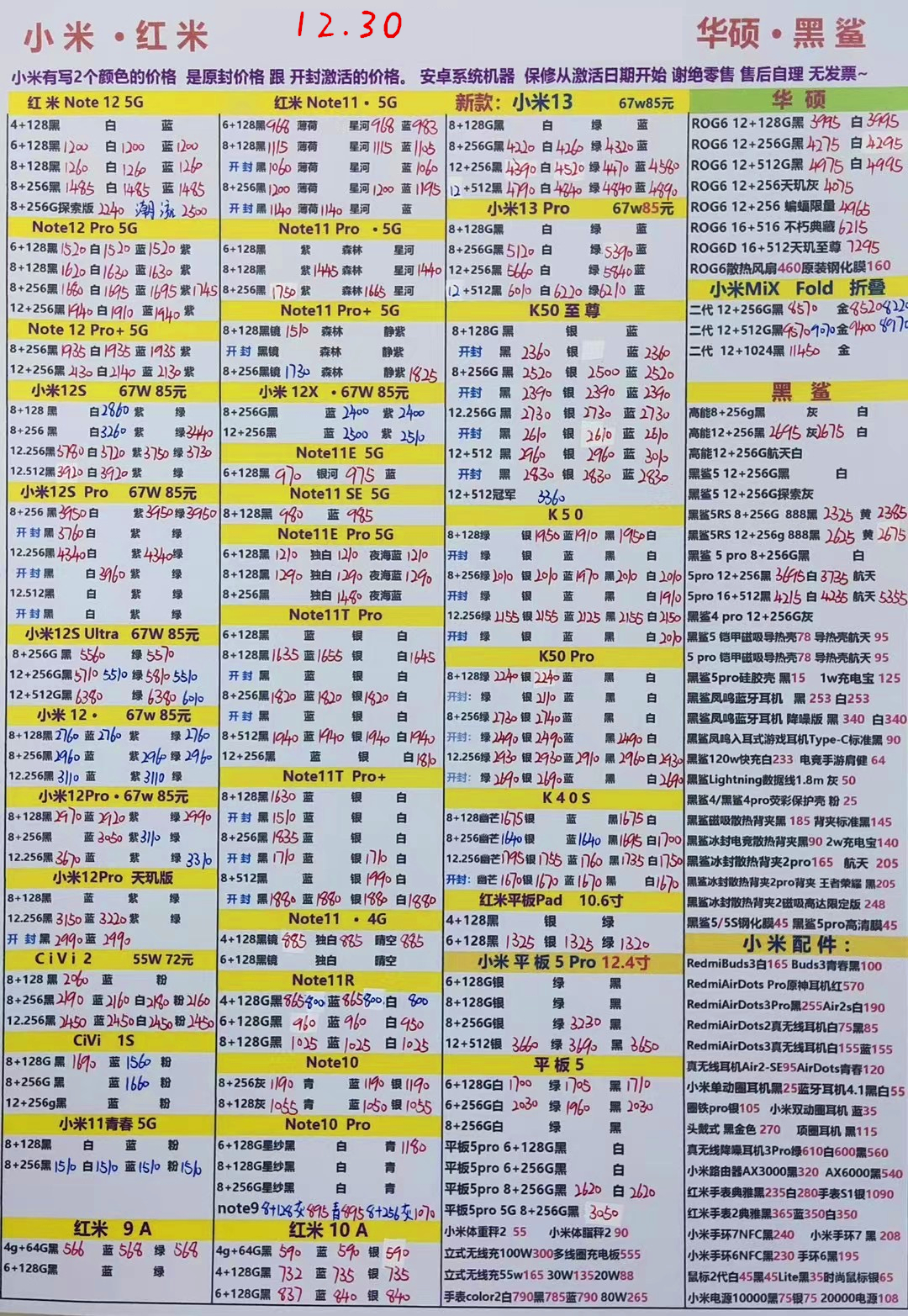 华强北远望手机市场批发报价单,2020年12月2日手机批发报价表
